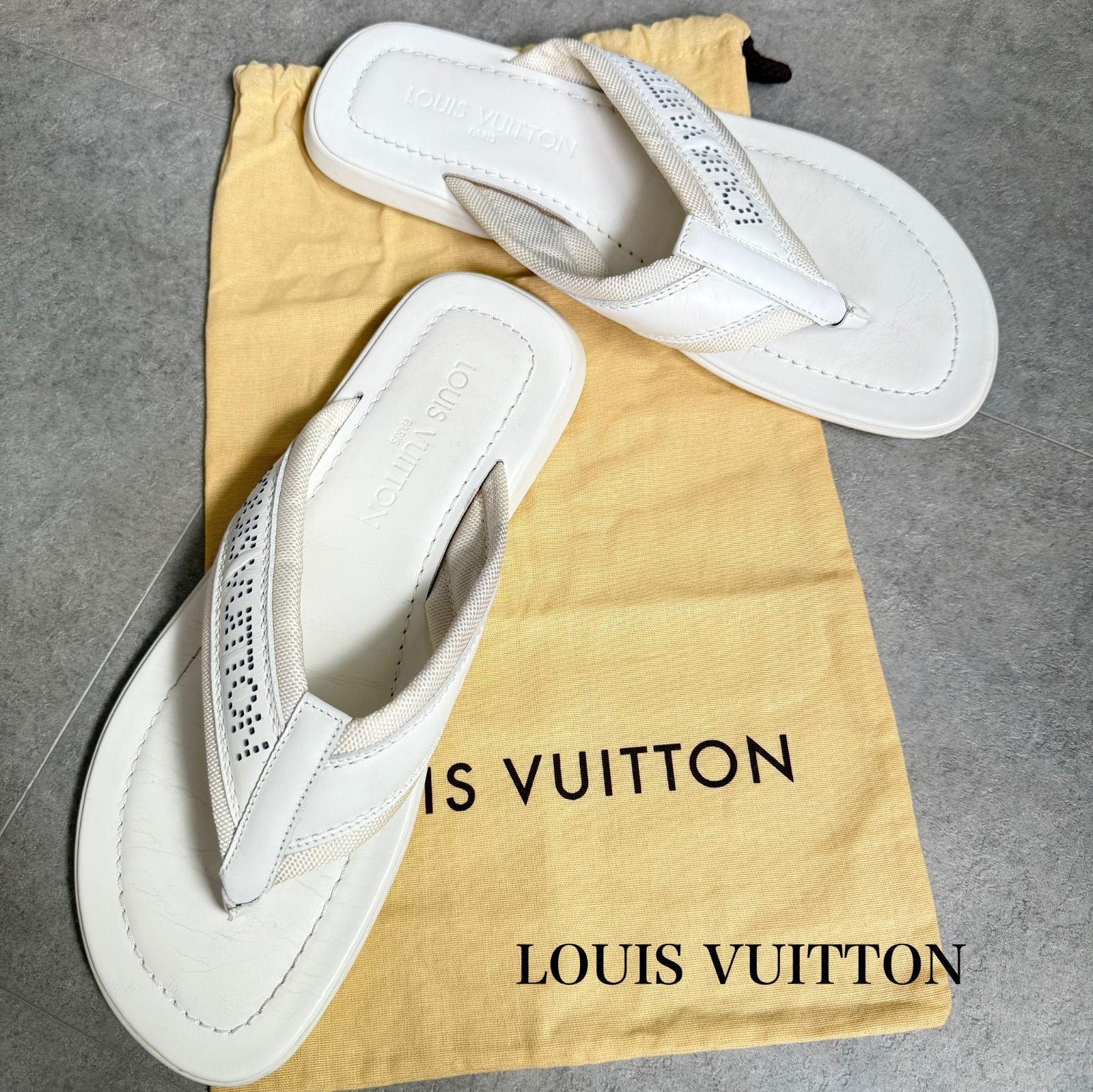 LOUIS VUITTON ルイヴィトン パンチング ロゴ レザーメッシュ サンダル メンズ 8 27cm ホワイト 白 スライドサンダル