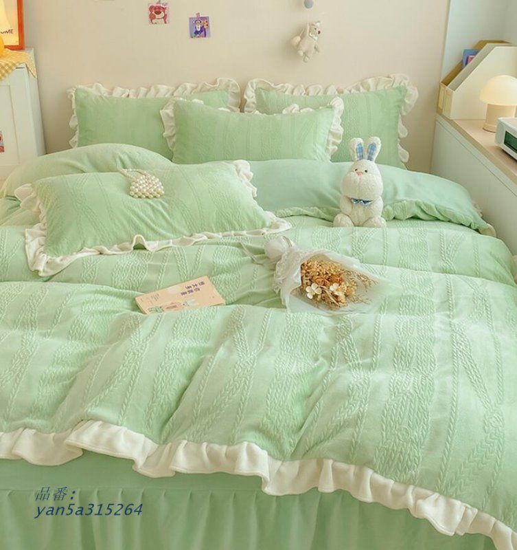 布団カバーセット 緑 フフリル 寝具カバーセット 3点セット 4点セット 掛け布団カバー 冬 セミダブル 無地 ベッド用品 布団カバーセット ダブル 敷きカバー yan5a315264