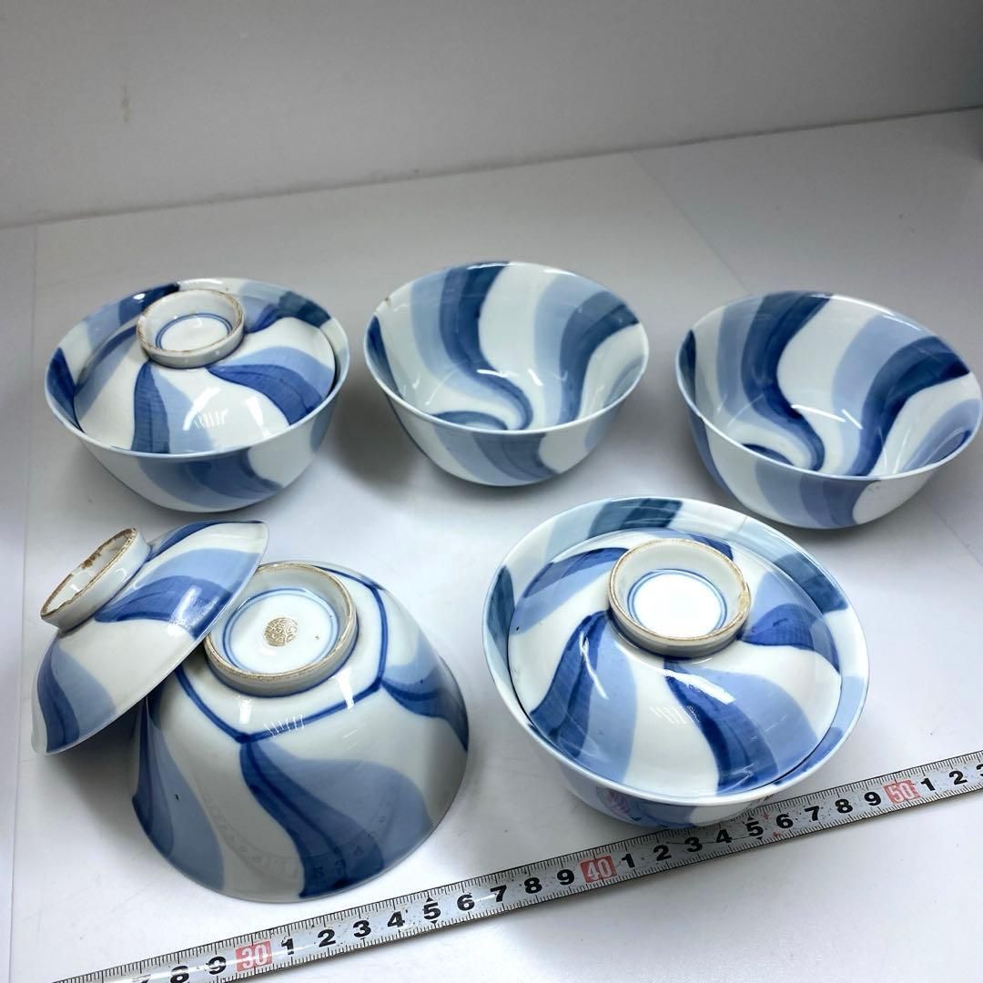 永楽善五郎 染付 捻り画 蓋茶碗 5点 直径11㎝ タエオ 東な7-0125