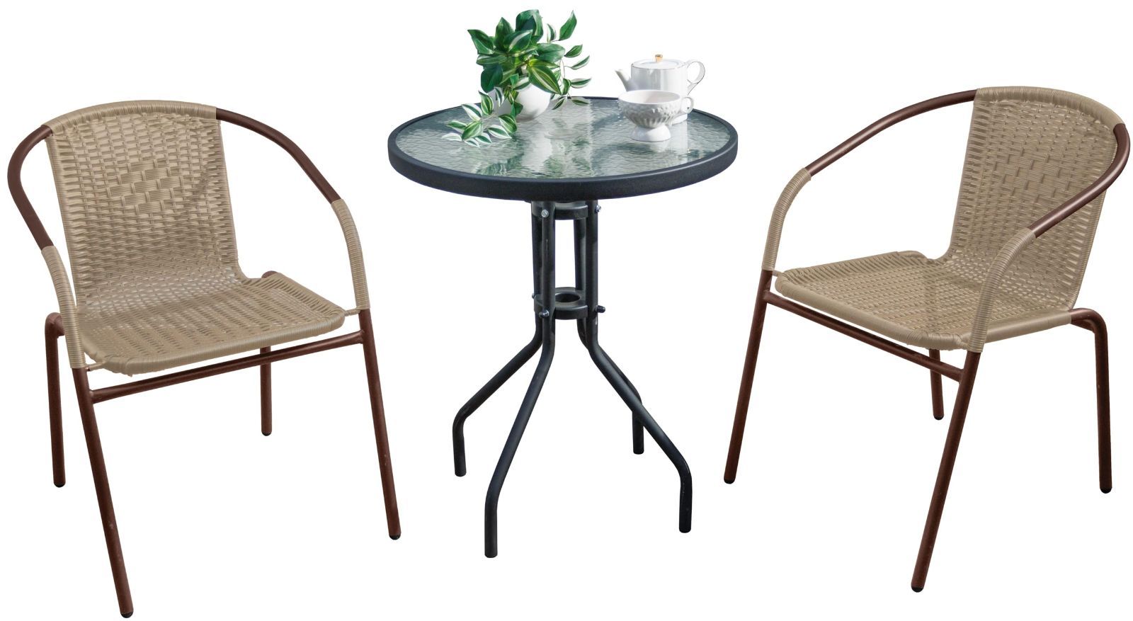 人気商品 カフェテーブル ガーデンファニチャー テラス スタッキング お手軽コーディネイト スタッキング パウダーコーティング ガラステーブル マット仕上げ チェア2脚 スチール製フレーム 3点セット 滑り止め付 ラタン調ガーデンテーブルセット