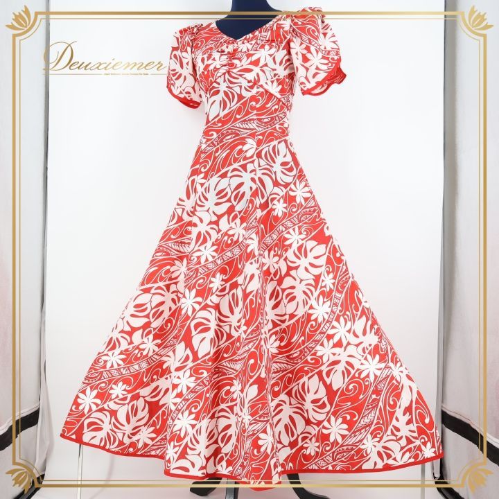 フラダンス 衣装 ワンピース ドレス レッド系 アロハ フラ ダンス 花柄 鮮やか 半袖 かわいい ALOHA STANDARDS ティアレ柄 ハワイアン アロハ 華やか ハワイアンプリント ホワイト系