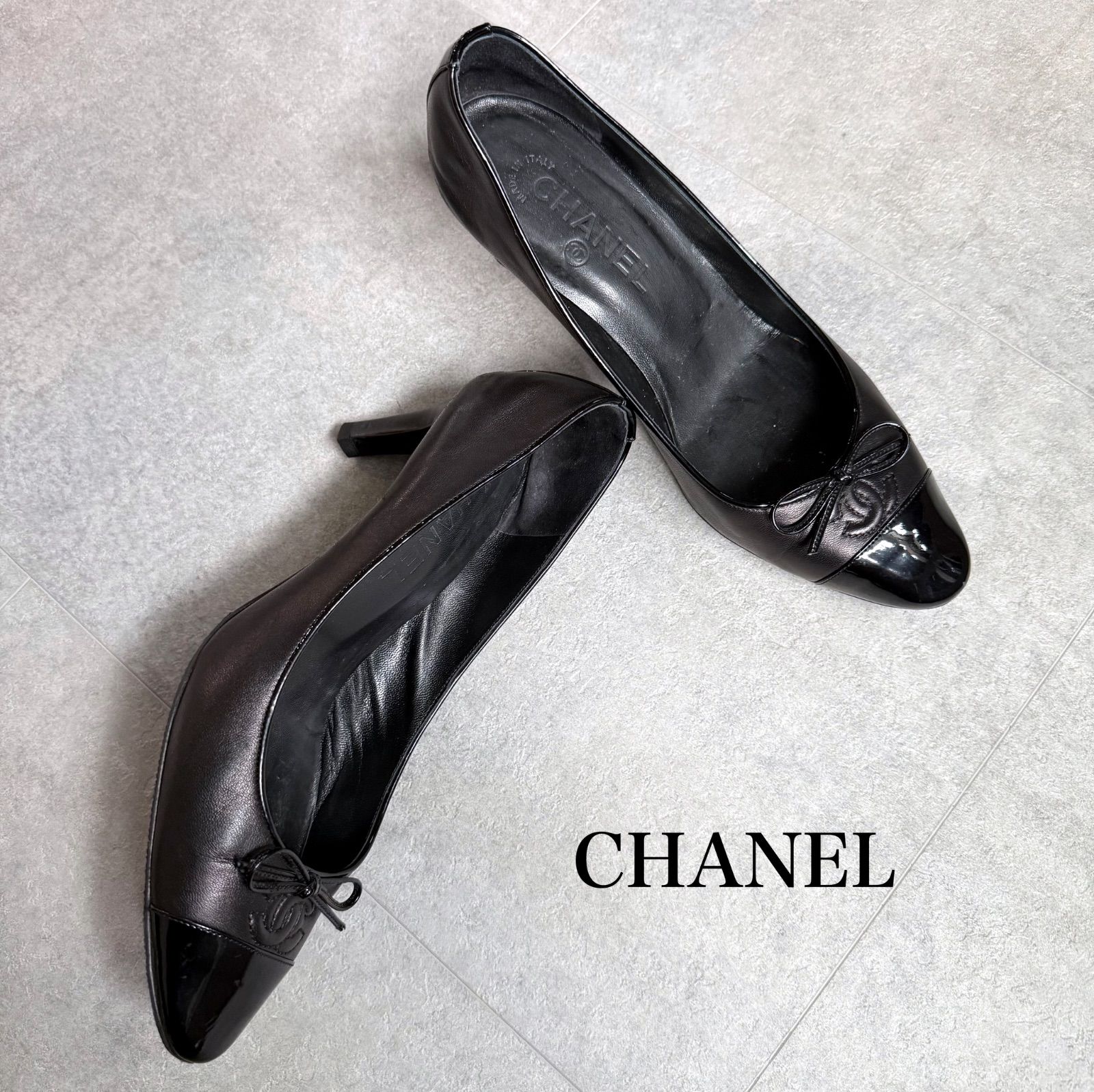 CHANEL シャネル リボン ココマークパンプス バレエシューズ レザー メタルブラック 黒 38 25cm