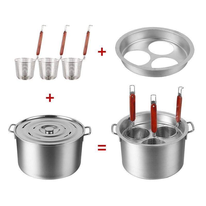 業務用店舗用 そばゆで釜 茹麺鍋セット リング付 ザル付 3*13cm ステンレス IH対応 ふきこぼれない 3穴 業務用店舗用 そばゆで釜 茹麺鍋セット リング付 ザル付 3