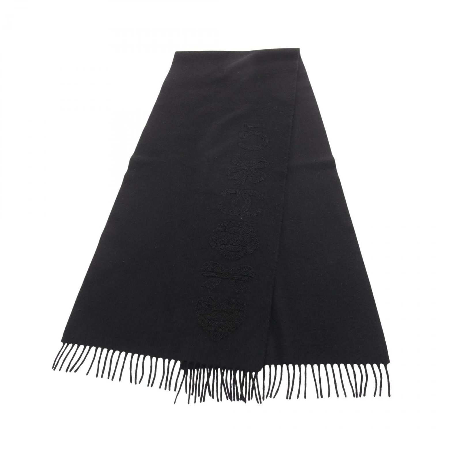 シャネル CHANEL マフラー ココマーク カメリア ブラック カシミヤ マフラー レディース Used B