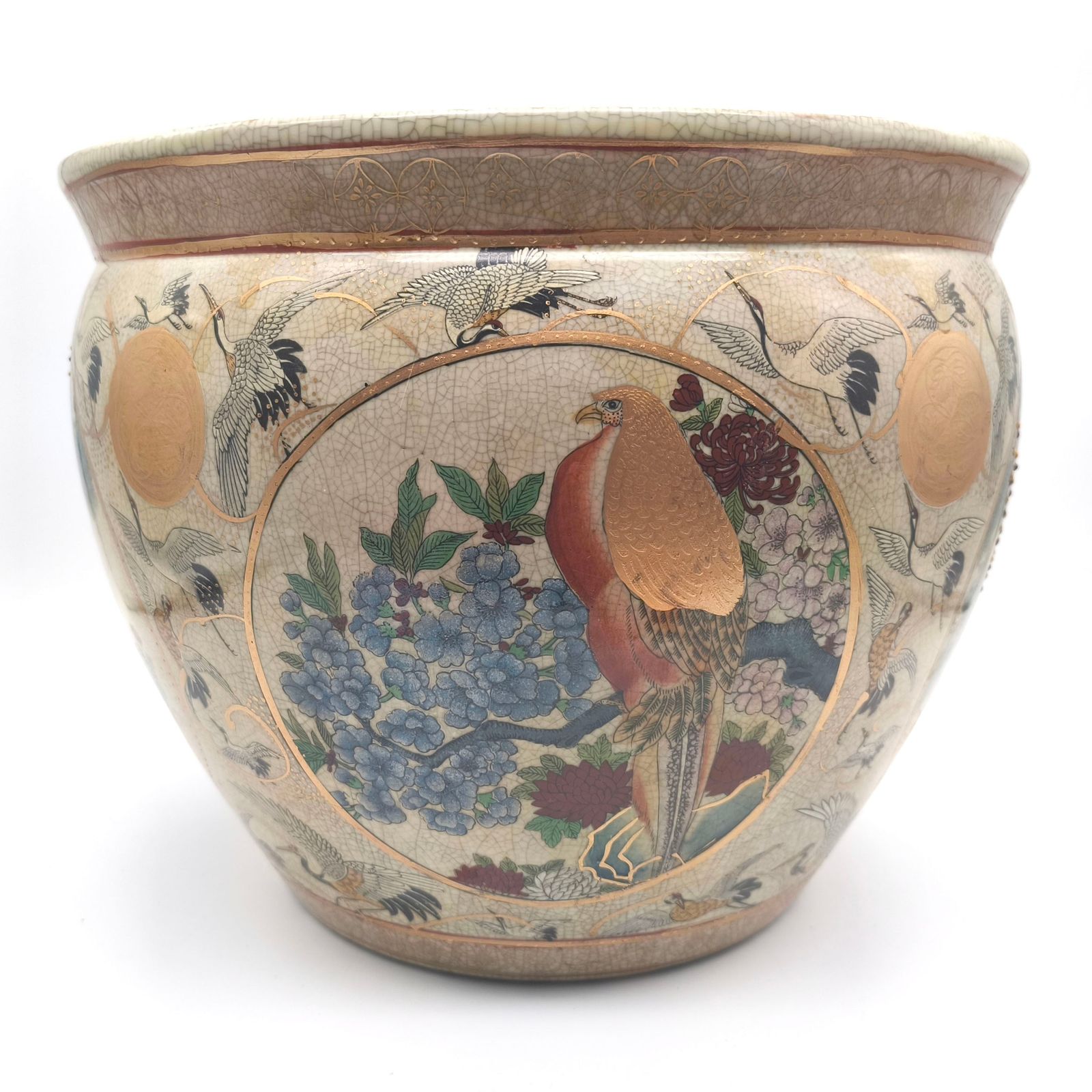 栄盛窯・瀧山・火鉢・メダカ鉢・水瓶・色絵金彩・花鳥図・No.251020-54