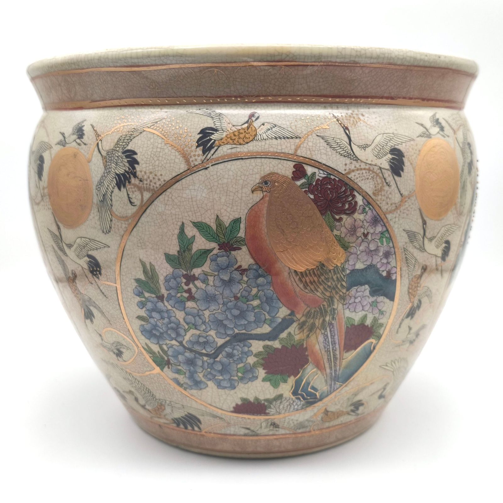 火鉢 花と鳥の装飾 栄盛窯・瀧山・火鉢・メダカ鉢・水瓶・色絵金彩・花鳥図・No.251020-54