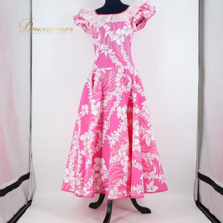 【あす楽】 フラダンス 衣装 ワンピース ドレス ピンク系 アロハスタンダード プルメリア柄 花柄 レース 白 ALOHA STANDARDS 日本製 華やか ハワイアン アロハ レイ柄 かわいい 鮮やか ハワイアンプリント ホワイト系 在庫商品
