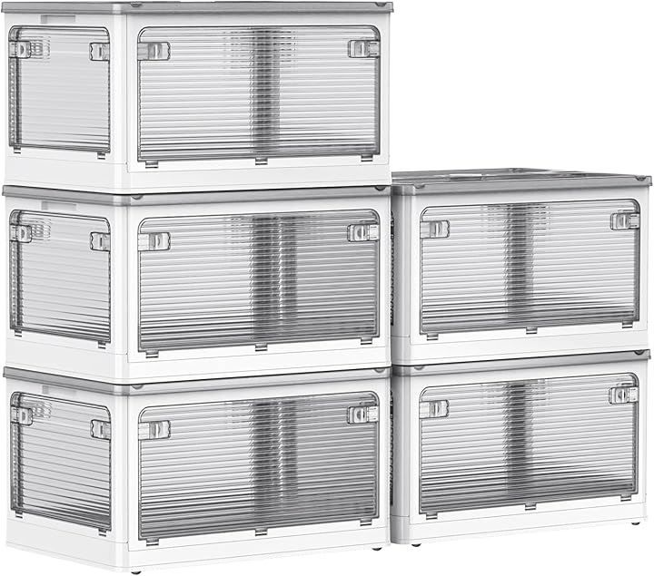 AZMKOO 収納ボックス 蓋付き 積み重ね 全方向から取り出せる キャスター付き 衣装収納ケース 強い耐荷重 大容量収納ボックス ホワイト 5個セット S 40.5x29x24cm