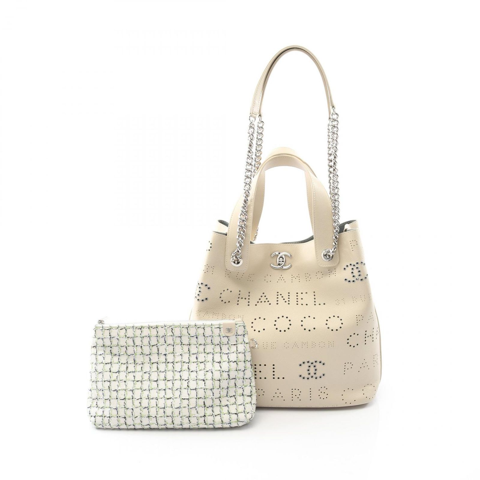 シャネル CHANEL ショルダーバッグ ココマーク アイボリー レザー パンチングロゴ 2wayトートバッグ レディース Used A