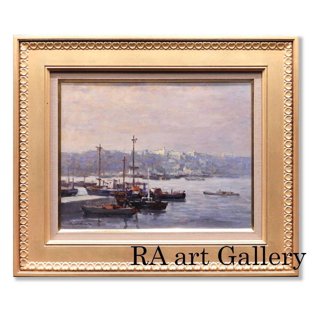 内田晃 港夕景 油彩6号 風景画 作家直筆サイン ヨーロッパ風景 海 船 アート インテリア 北欧 夕方 原画 絵画 真作保証 げ交渉