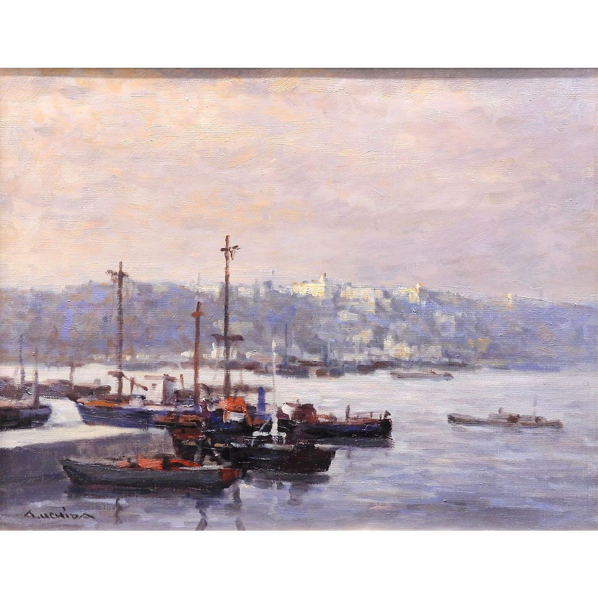 内田晃 港夕景 油彩6号 風景画 作家直筆サイン ヨーロッパ風景 海 船 アート インテリア 北欧 夕方 原画 絵画 げ交渉