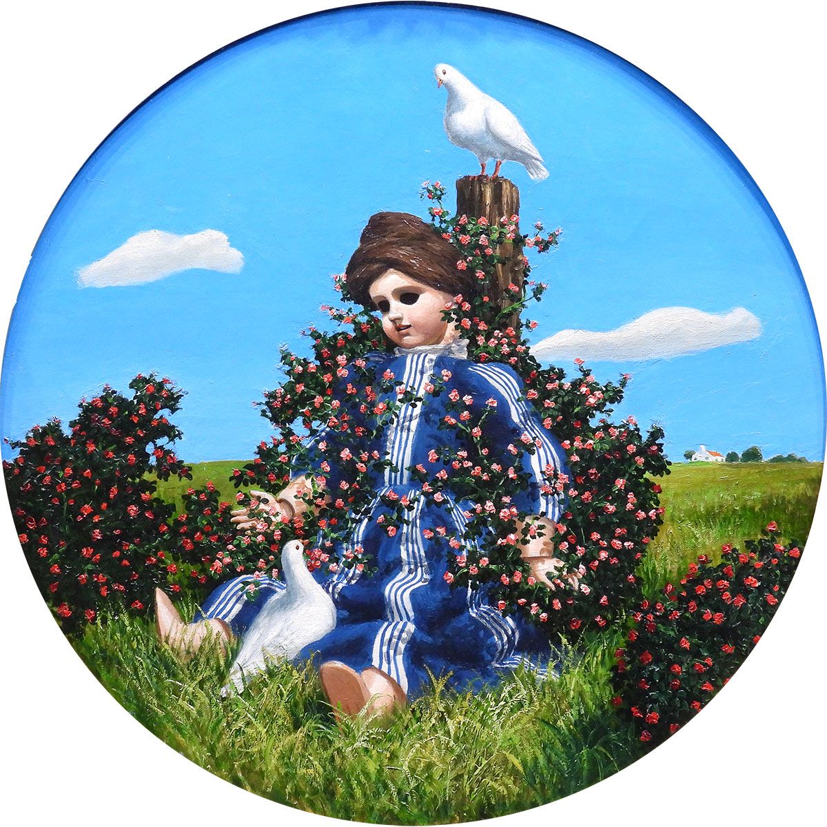 小松崎邦雄 花の虜 油彩6号 静物画 幻想絵画 共シール 日動画廊取り扱い 神話 西洋人形 ドール 鳥 バラ 花 原画 げ交渉