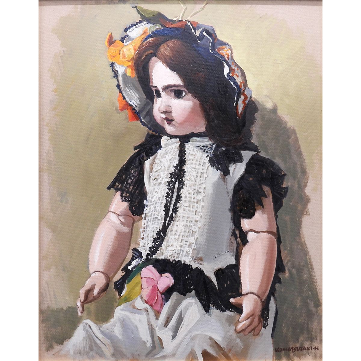 小松崎邦雄 花飾り 油彩8号 静物画 西洋人形 ドール ジュモー リアリズム アート インテリア 版画 絵画 げ交渉