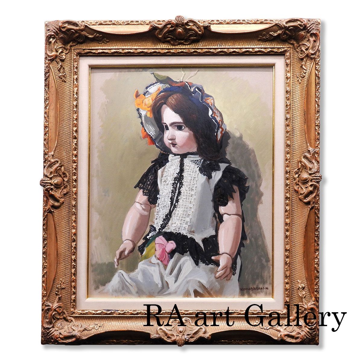 小松崎邦雄 花飾り 油彩8号 静物画 西洋人形 ドール ジュモー リアリズム アート インテリア 一点物 版画 絵画 真作保証 げ交渉