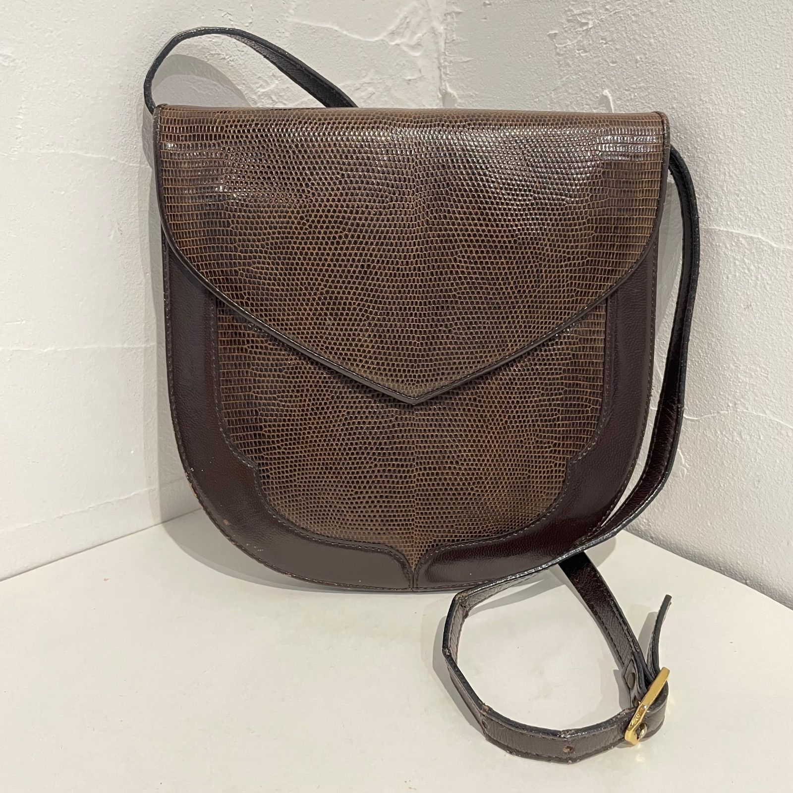 YSL イヴサンローラン☆リザード レザー ショルダーバッグ ブラウン