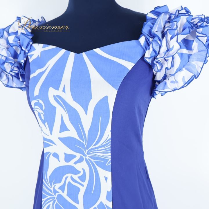 フラダンス 衣装 ワンピース ドレス ブルー系 アロハ フラ ダンス 青 水色 白 花柄 フリル ALOHA STANDARDS 華やか かわいい 鮮やか ハワイアン アロハ 爽やか ハワイアンプリント ホワイト系