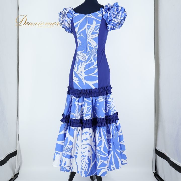 フラダンス 衣装 ワンピース ドレス ブルー系 アロハ フラ ダンス 青 水色 白 花柄 フリル ALOHA STANDARDS 華やか かわいい 鮮やか ハワイアン アロハ 爽やか ハワイアンプリント ホワイト系 LLC-HASEGAWATOSO_COM