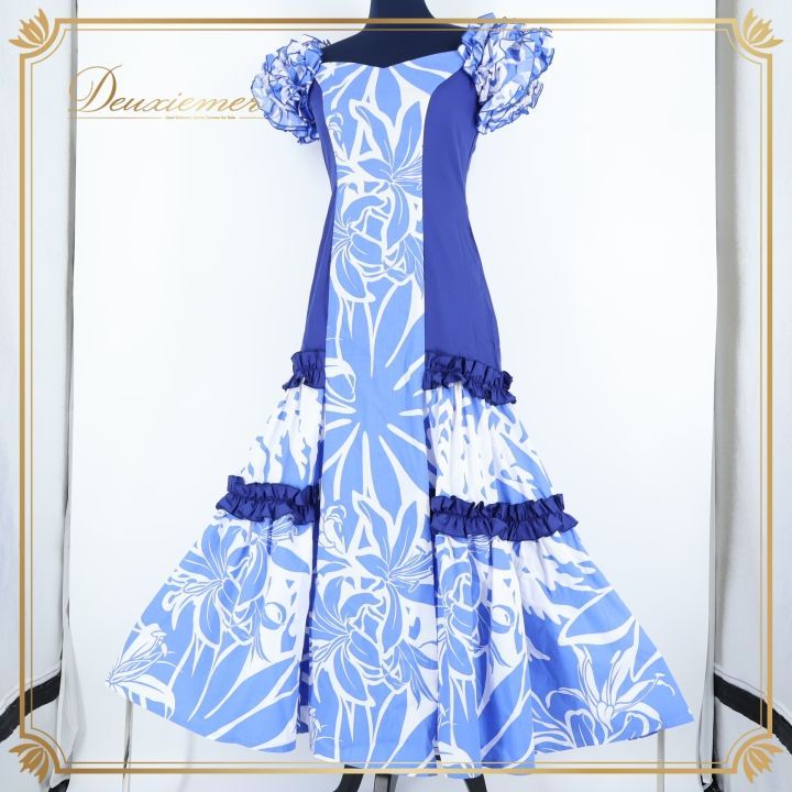 フラダンス 衣装 ワンピース ドレス ブルー系 アロハ フラ ダンス 青 水色 白 花柄 フリル ALOHA STANDARDS 華やか かわいい 鮮やか ハワイアン アロハ 爽やか ハワイアンプリント ホワイト系