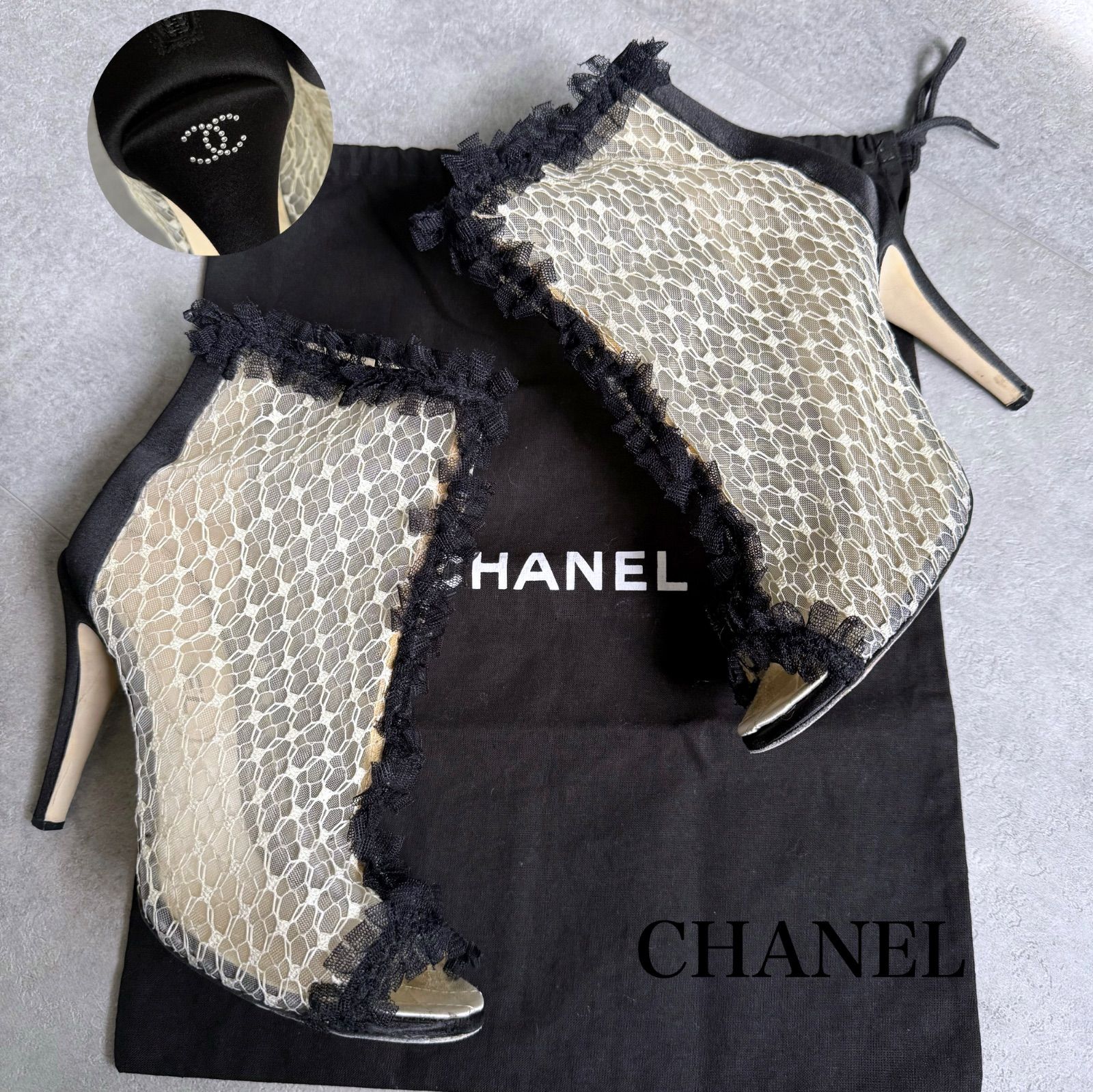 CHANEL シャネル レース フリル ココマーク ブーツ ショートブーツ 36C 23cm アイボリー ブラック