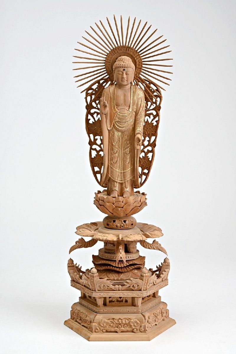 総白檀 木彫 阿弥陀如来立像 ５寸 全長３７．５ｃｍ ７２３ｇ 仏教美術 仏像