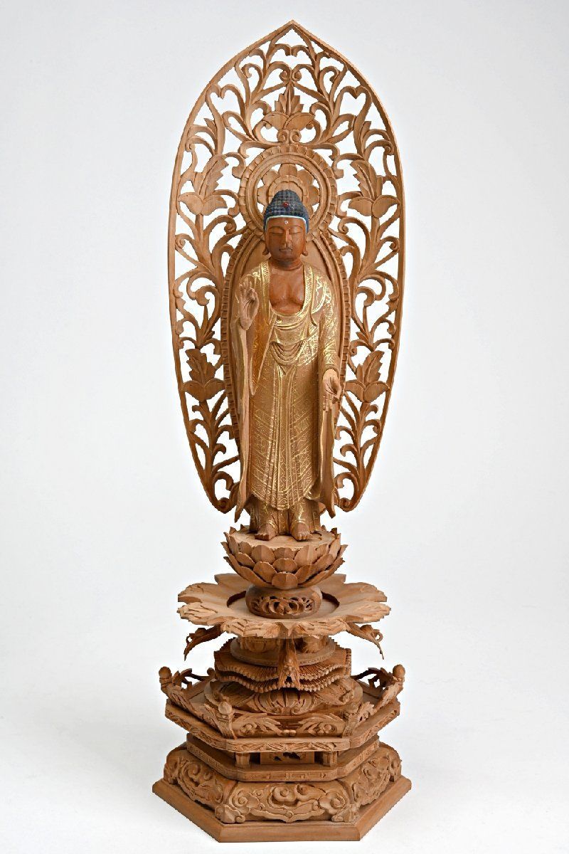 総白檀 木彫 阿弥陀如来立像 ６寸 全長４４．５ｃｍ １００８ｇ 仏教美術 仏像