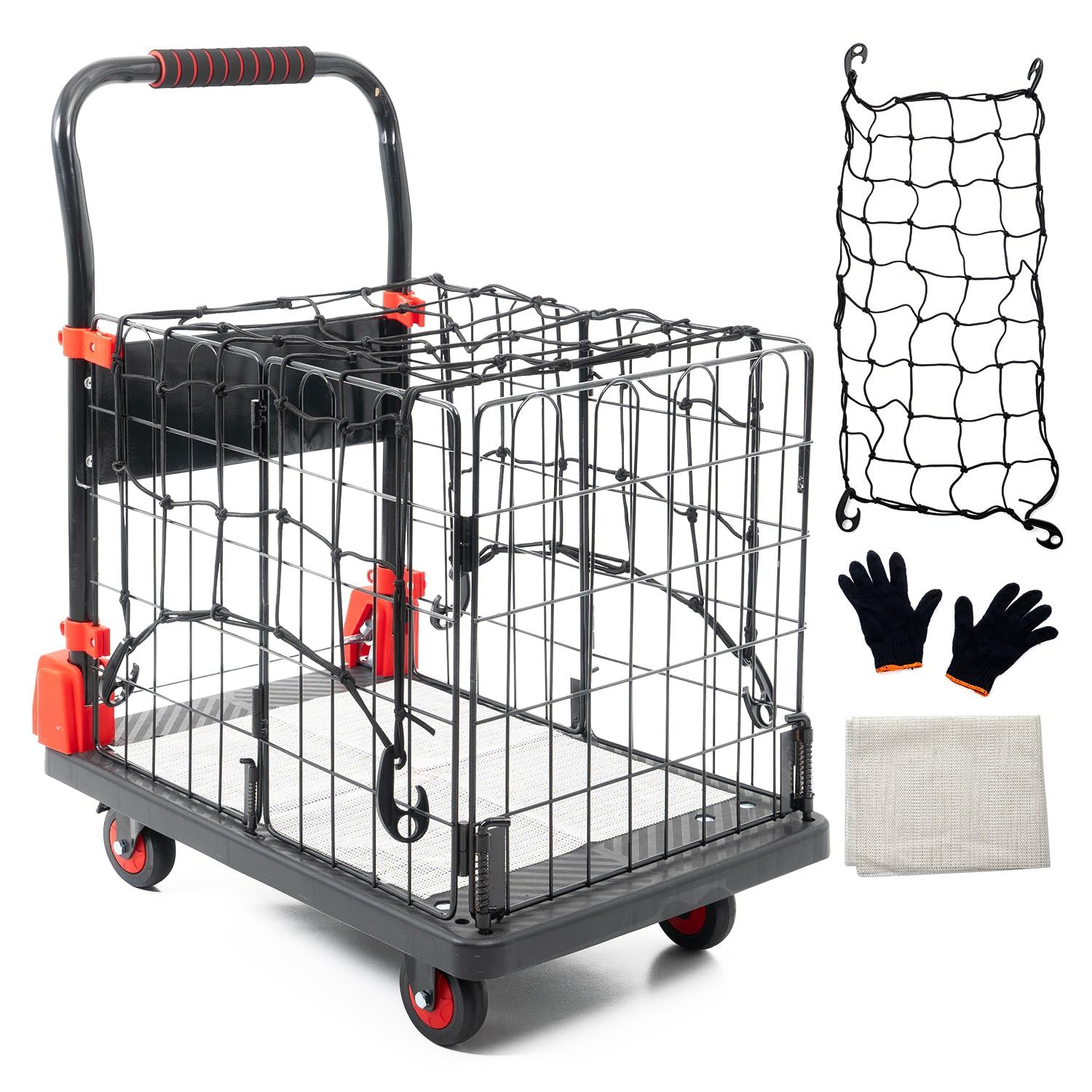 商品 PIKAAAN 台車 折り畳み 軽量 カゴ台車 静音キャスター ブレーキ付き 業務用 家庭用 3WAY 運搬カート 荷崩れ防止ネット 滑り止めシート付属 70x46cm 耐荷重175kg ブレーキ付小