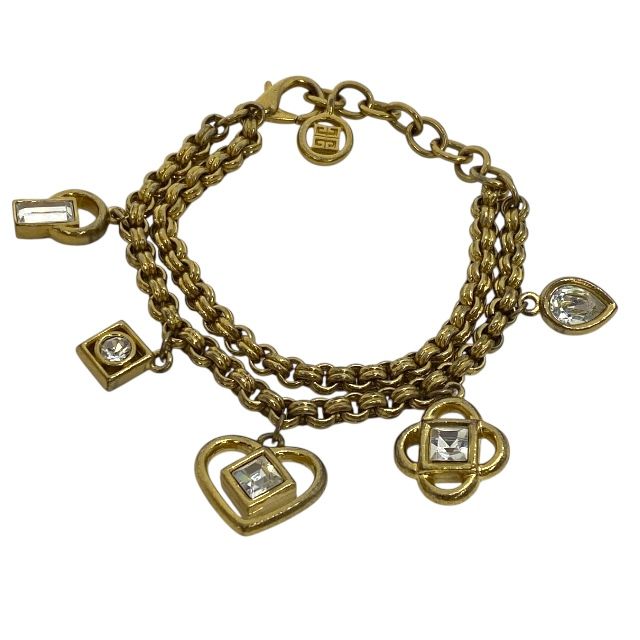ジバンシー ヴィンテージ 2連 チャーム ブレスレット ハート フラワー クリスタル アクセサリー GIVENCHY レディース向け華やかデザイン 正規品の上質ジュエリー
