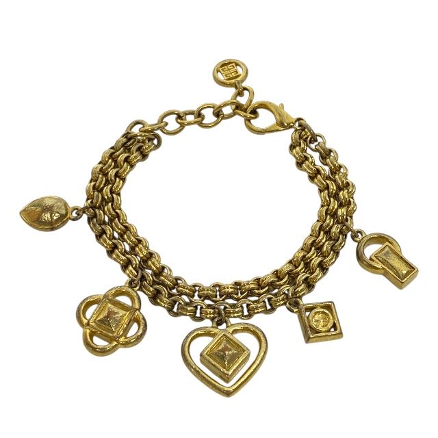 ジバンシー ヴィンテージ 2連 チャーム ブレスレット ハート フラワー クリスタル GIVENCHY レディース向け華やかデザイン の上質ジュエリー