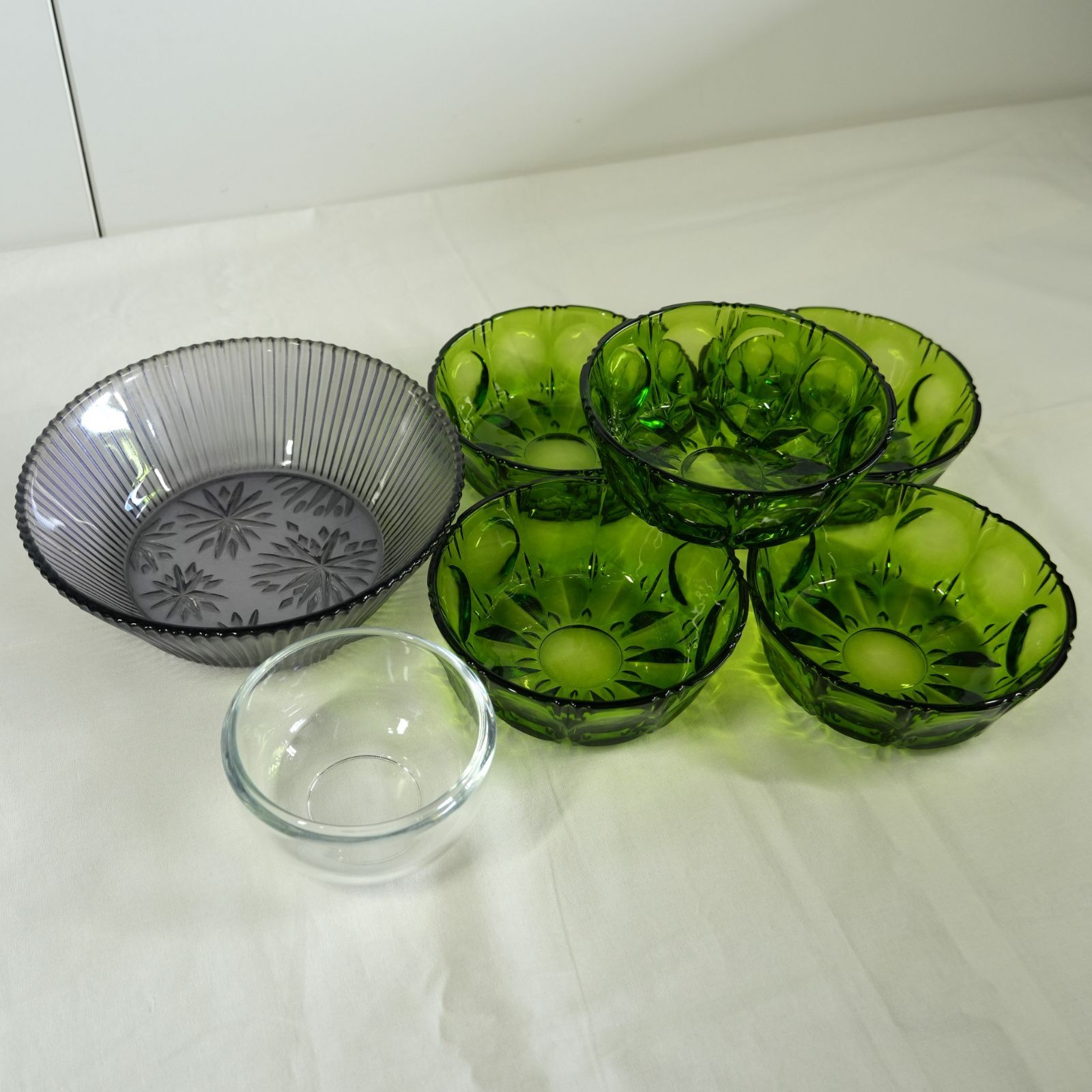 IM] 昭和レトロ ガラス 皿 ボウル 小鉢 7点セット 緑 透明 紫 素麵鉢