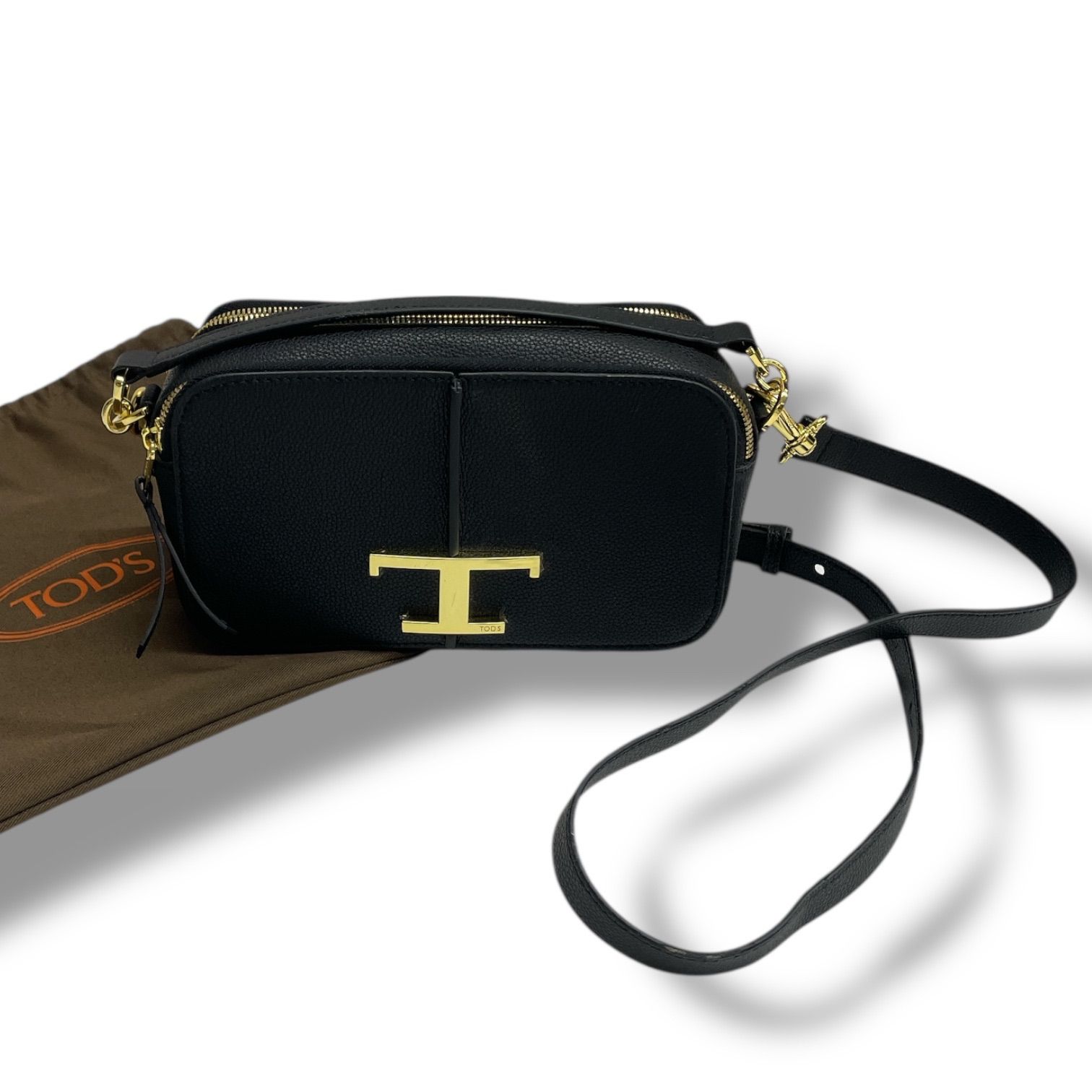 TOD S トッズ Tタイムレス レザーカメラバッグミニ 2WAYショルダーバッグ 布袋付 イタリア製 ダブルコンパートメント ブラック ゴールド 黒 金 レディース ゴーゴー古着マルイファミリー溝口店 24 No.129Y