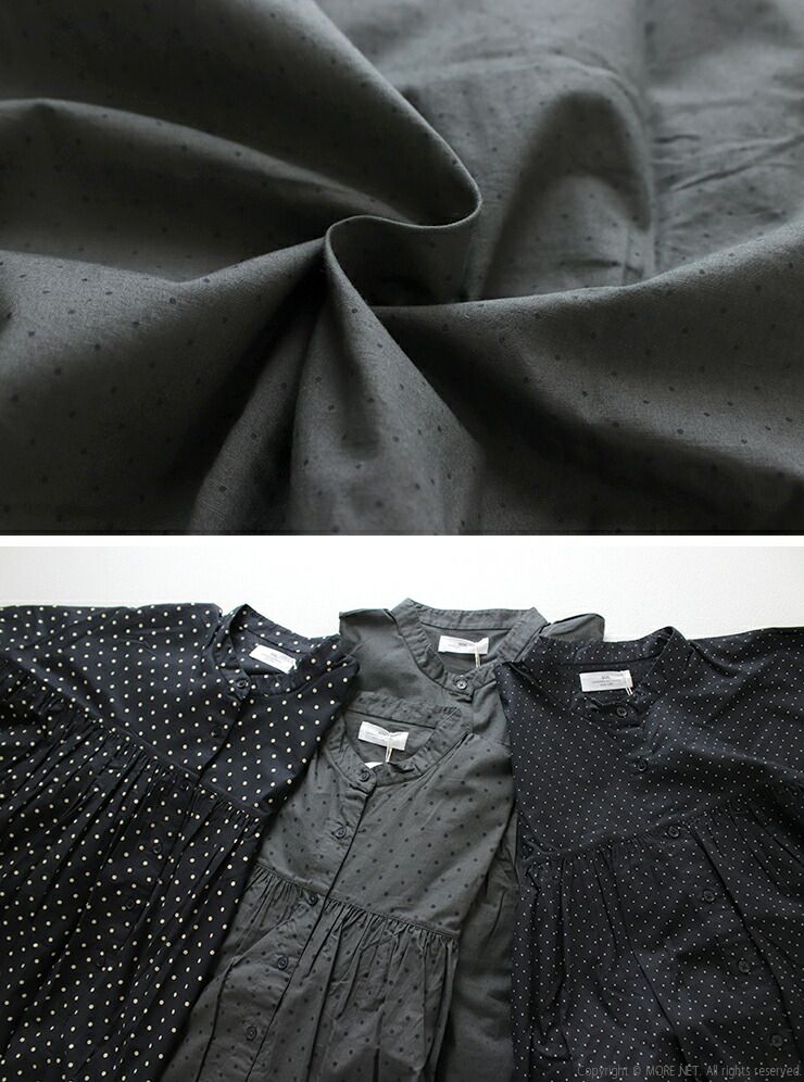 ソイル SOIL ポプリンドットプリントバンドカラーシャツ NSL25532 ギャザー ブラウス 長袖 水玉 レディース ソイル SOIL ポプリンドットプリントバンドカラーシャツ NSL25532