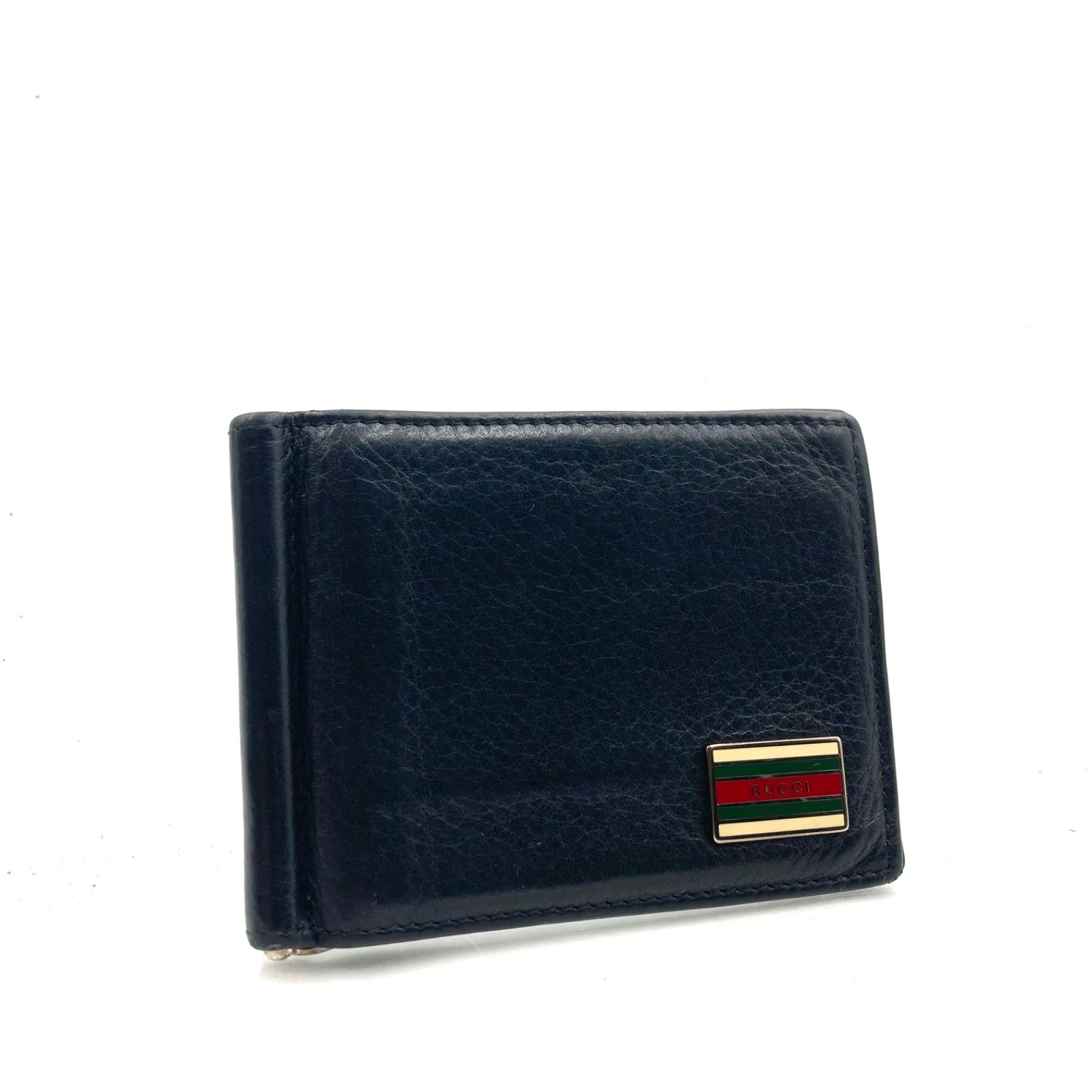 稀少 GUCCI グッチ シェリーライン マネークリップ カードケース レザー イタリア製 刻印あり ロゴプレート ブラック メンズ ラグジュアリー