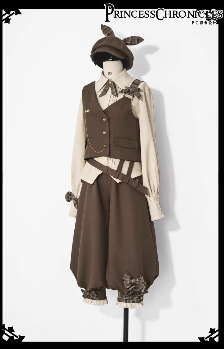 レトロ春秋風 ＆クール ベスト シャツ 七分丈パンツセットレトロ探偵風コスプレ 学院制服セットアップ｜中性 クラシカル アカデミック風｜ベスト ブラウス 七分丈パンツ ロリータpctz