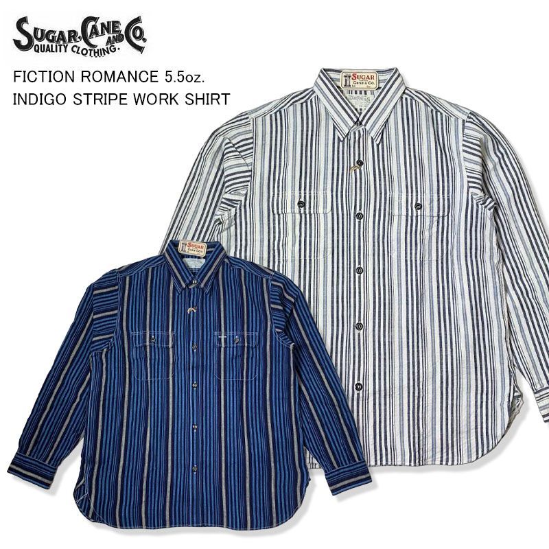 SUGAR CANE シュガーケーン インディゴ ストライプ ワークシャツ SC29592 ホワイト ネイビー 長袖 FICTION ROMANCE 5.5oz. INDIGO STRIPE WORK SHIRT アメリカンワークシャツ アメカジ ワーク