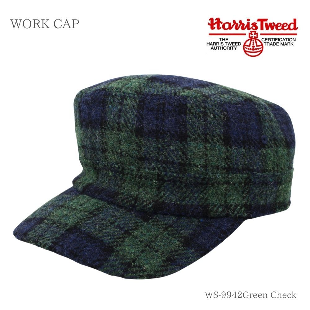Harris Tweed ハリスツイード ワークキャップ グリーンチェック ウール100％ 真鍮バックル アジャスター付き ユニセックス 帽子 WS-9942