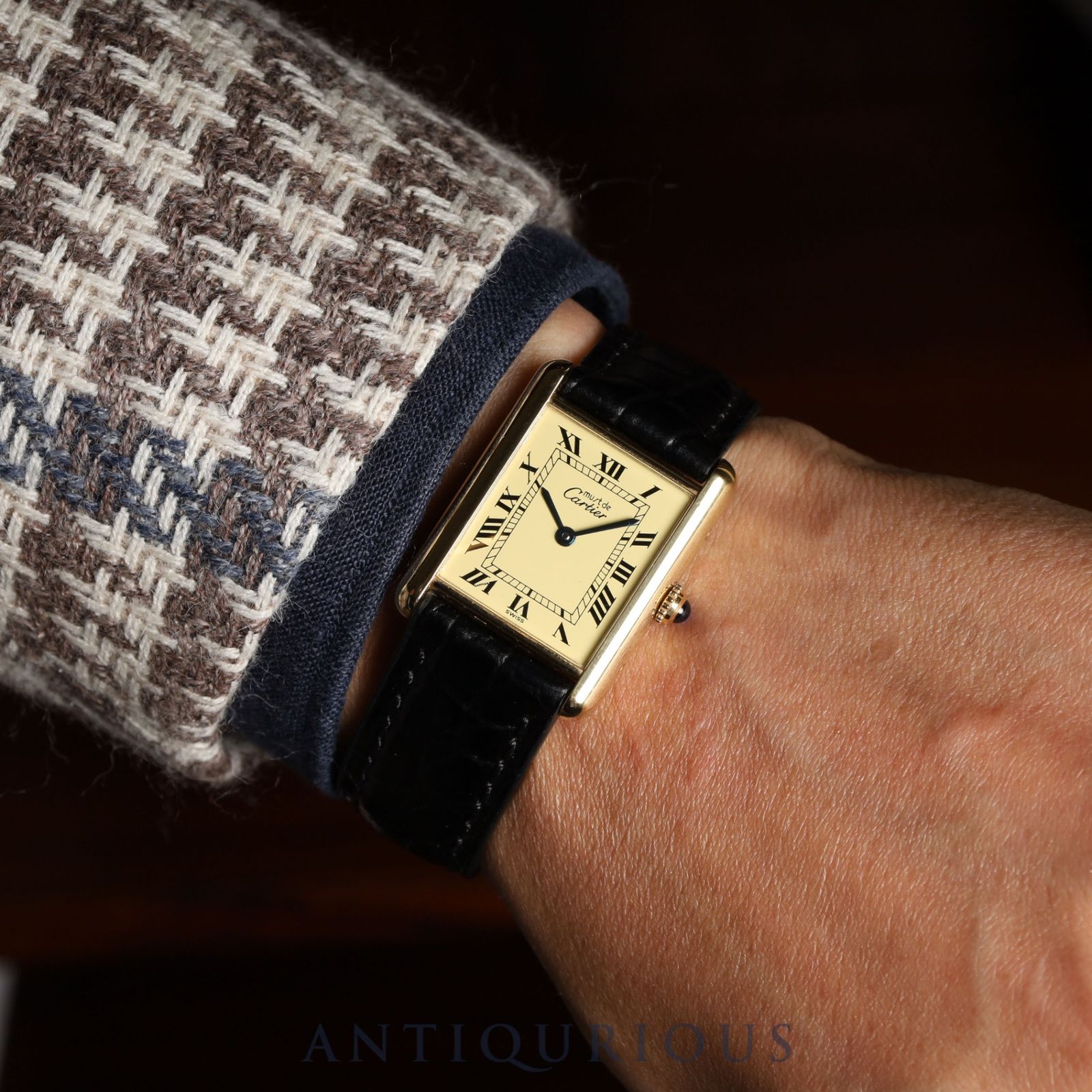 カルティエ マストタンク LM 590005 クォーツ Cal 90 SV 925 革 尾錠 GP アイボリーローマン文字盤 箱 冊子 保証書 1995年 オーバーホール済み