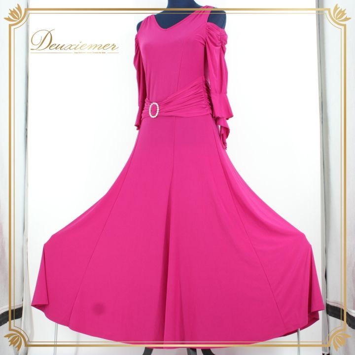 社交ダンス 衣装 ドレス ワンピース レッスンウェア パーティ衣装 女性用 レディース オールシーズン パープル系 ICHIOKU イチオク 紫 ラインストーン 無地 シンプル 派手 ドレープ 膝丈 カジュアル ストレッチ かわいい 大人ロング