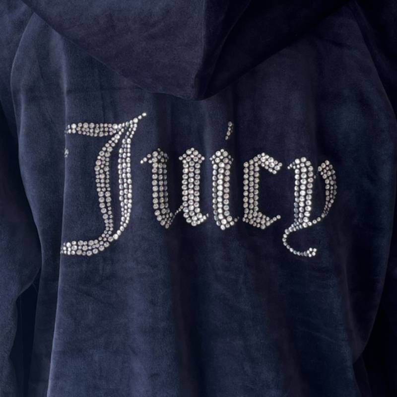 Juicy Couture Y2K Velour Zip Hoodie Rhinestone Cropped Womens Navy