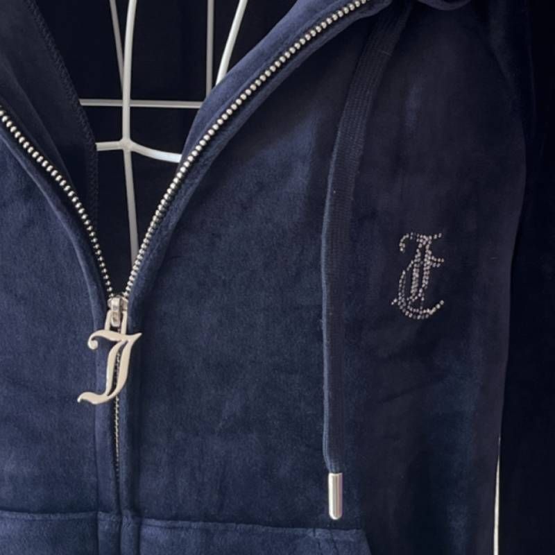 Juicy Couture Y2K Velour Zip Hoodie Rhinestone Cropped Womens Navy