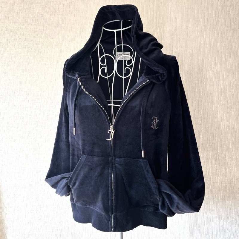 超希少 ジューシークチュール JuicyCouture ベロア パーカー y2k Juicy Couture Y2K Velour Zip Hoodie Rhinestone Cropped Womens Navy