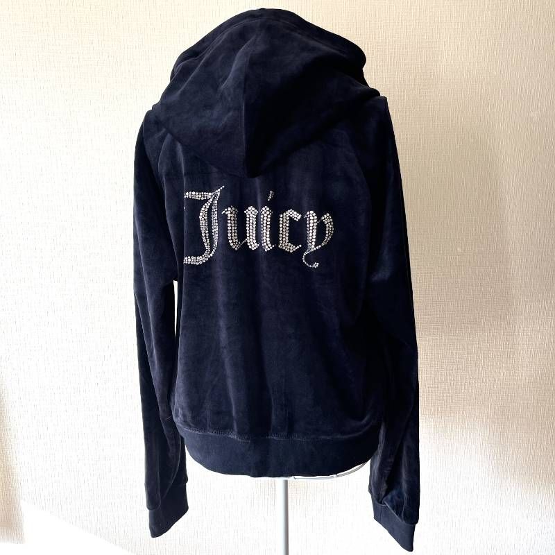 Juicy Couture Y2K Velour Zip Hoodie Rhinestone Cropped Womens Navy