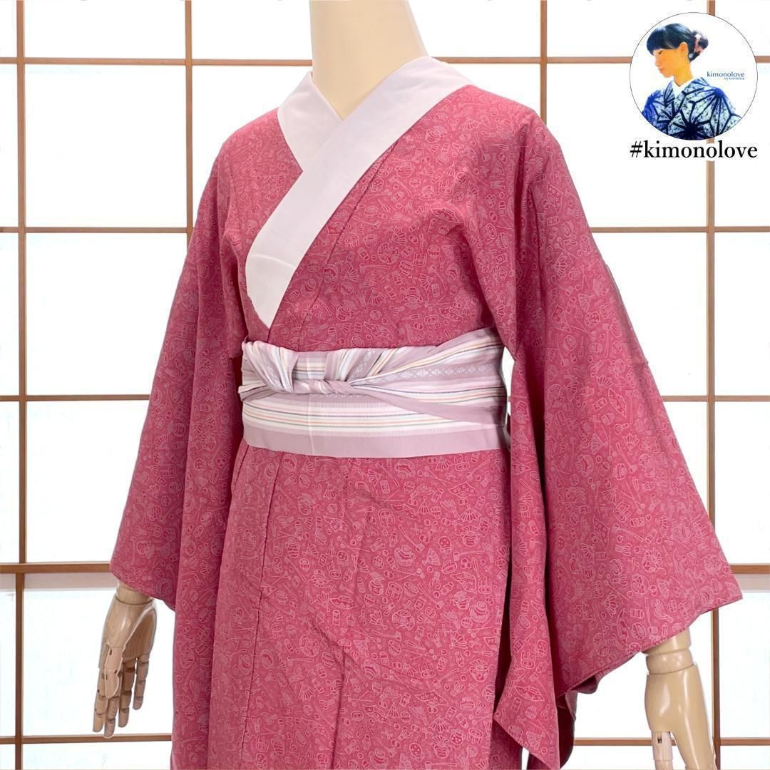 長襦袢 胴抜き仕立て 正絹 伝統工芸士 砂川健一作 江戸小紋 茶道具柄 ローズレッド 着物 kimonolove リユース品 オゾン消臭サービス A-1660