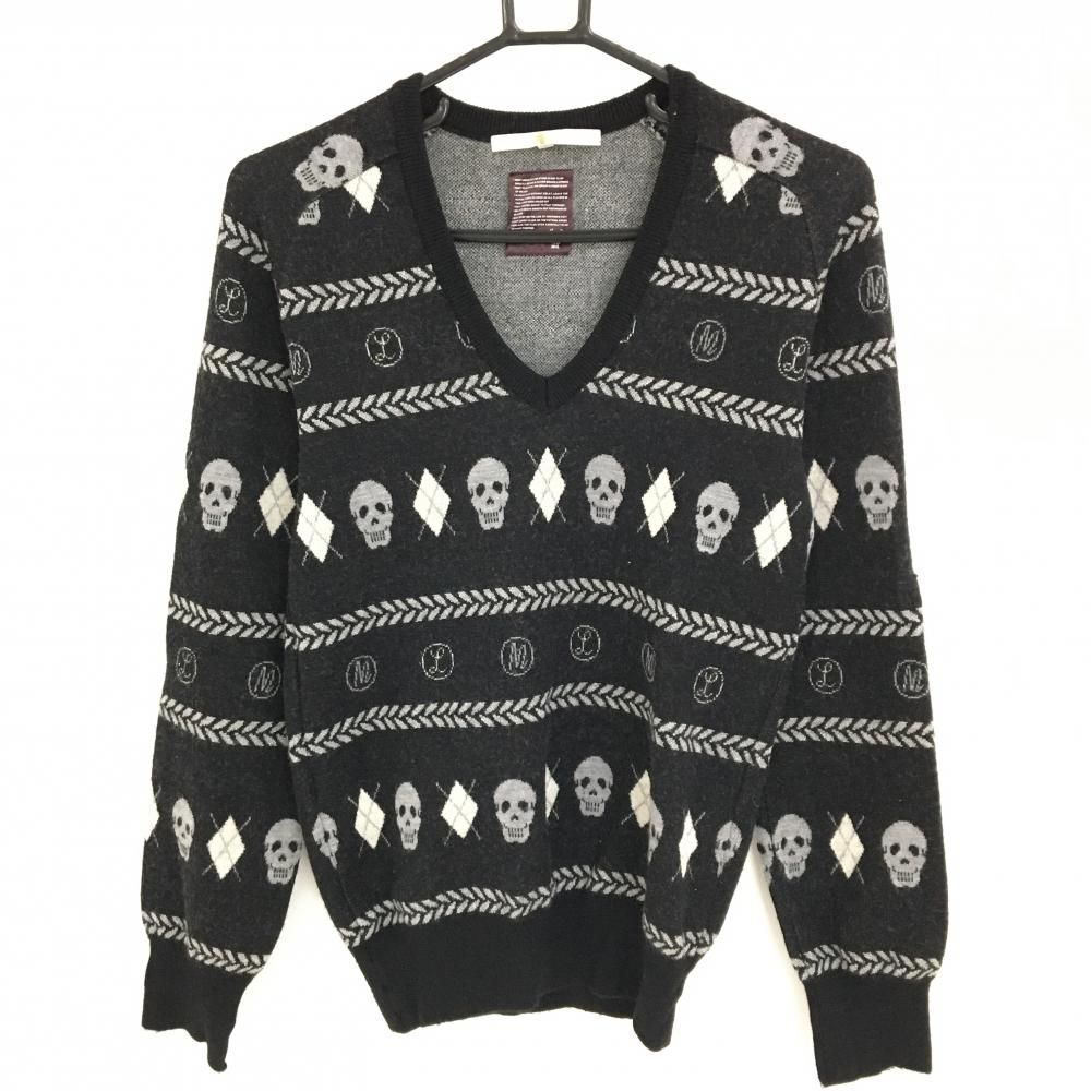マークアンドロナ セーター 黒×グレー Vネック スカル柄 ニット