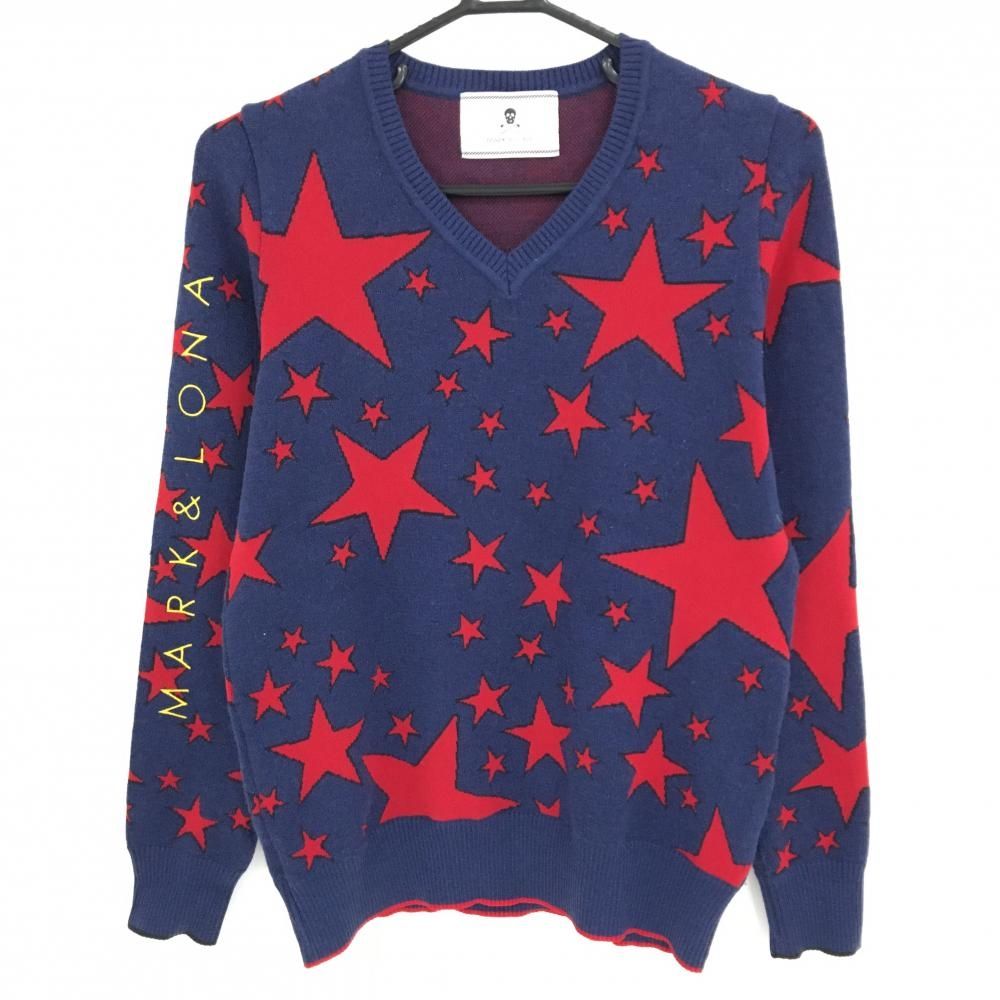 MARK & LONA マークアンドロナ Vネック ニット 美品】マークアンドロナ セーター ネイビー×レッド 星総柄 Vネック