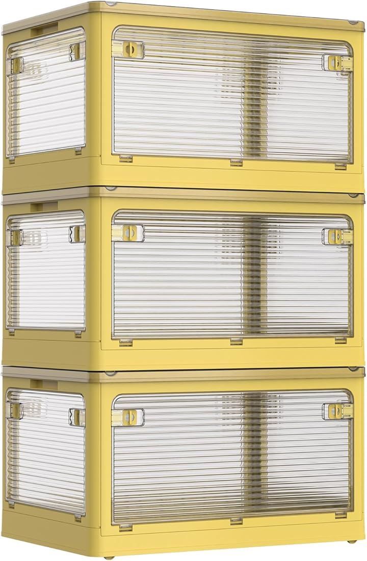 AZMKOO 収納ボックス 蓋付き 積み重ね 全方向から取り出せる キャスター付き 衣装収納ケース 強い耐荷重 大容量収納ボックス イエロー 3個セット XL 60x42x34cm