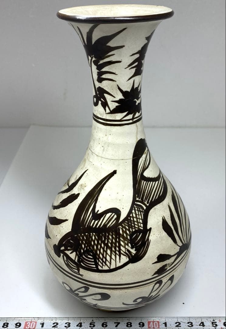 古代 中国 磁州窯 魚文花入 高さ23.1㎝ タサオ 東な7-0201 2F