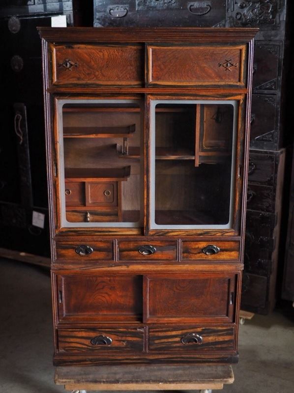 黒柿と欅の二段重ね 茶箪笥 虫食い痕アウトレット 昭和初期 古録展 送料無料 品番S10817