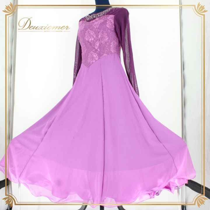 社交ダンス 衣装 ドレス ワンピース レッスンウェア パーティ衣装 女性用 レディース オールシーズン prima boutique プリマブティック 紫 パープル系 ラインストーン レース 長袖 高品質 エレガント スカート フ デザイン