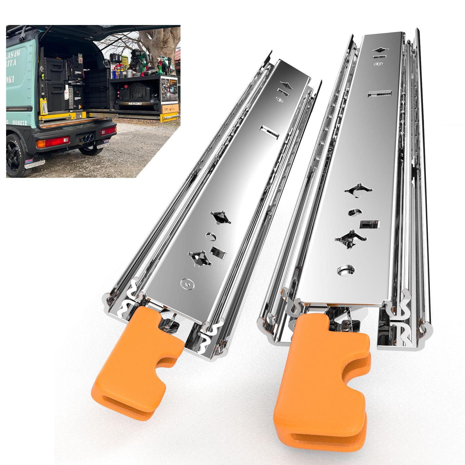 荷室改造 最大300kg耐荷重 超重量用スライドレール ロック付き 3段引き出し 幅76㎜ 幅53㎜ 厚さ20ミリ 大型DIY工業収納 荷台作業車 電気工事 電工 大工 職人 木工 工具棚 現場車改造用 左右2個セット 幅76mm 800mm