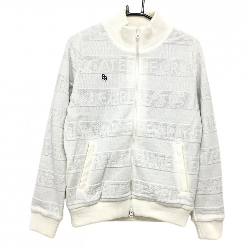 超 パーリーゲイツ ニットジャケット 白 ロゴボーダー編み 裏地ニコちゃん総柄 蓄熱 レディース 2 L ゴルフウェア PEARLY GATES